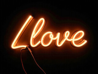 Wall Mural - neon a neon sign that says love in orange letters. the sign is lit up