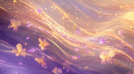 Wall Mural - Otherworldly dreamscape with golden and violet light waves floating petals and glowing trails