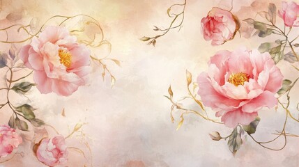 Canvas Print - Blush peonies and golden vines in watercolor with glowing light creating a peaceful ambiance