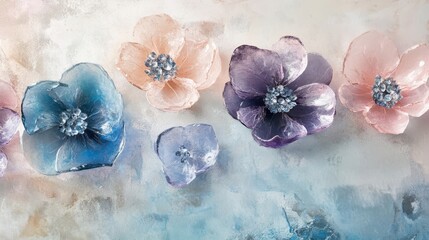 Canvas Print - Artistic gemstone flowers glowing with inner light against a soft pastel watercolor background