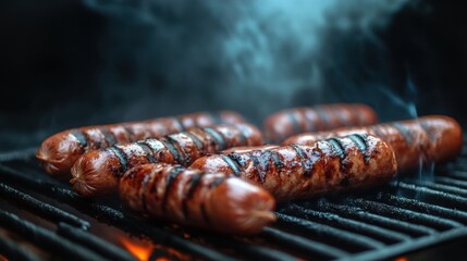 Wall Mural - Grilled Sausages on a Hot Grill with Smoky Background Capturing the Essence of Summer Barbecue Food Preparation with a Close Up Shot