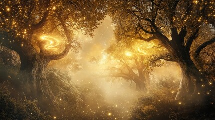Dreamy woodland where trees have celestial leaves resembling spirals of clouds and golden constellations in the mist