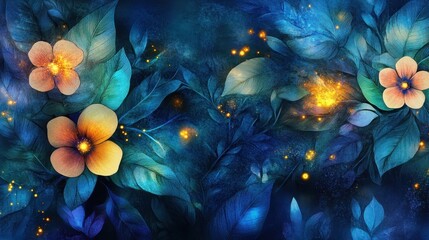 Canvas Print - Swirling watercolor textures showcasing an alien jungle with glowing blue leaves and misty golden sparkles