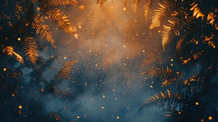 Wall Mural - Misty watercolor night with glowing ferns and floating particles shimmering like embers in a dense thicket