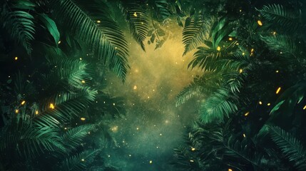 Wall Mural - Dense thicket with glowing ferns their edges blending into a misty watercolor night filled with floating particles