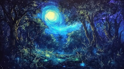 Wall Mural - Jungle glowing with radiant vines and fluorescent trees bathed in an ethereal glow under a swirling cosmic aurora