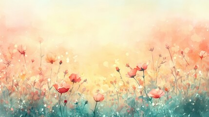 Canvas Print - Softly blurred floral meadow with watercolor tones fading into a sunset