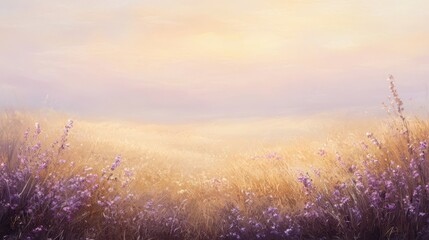 Wall Mural - Enchanted meadow with lavender flowers glowing under soft morning light