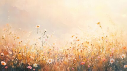 Wall Mural - Soft rolling meadow with wildflowers gently swaying under golden sunlight