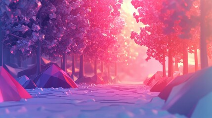 Canvas Print - Cosmic low-poly forest with glowing polygonal trees and surreal mist in the atmosphere
