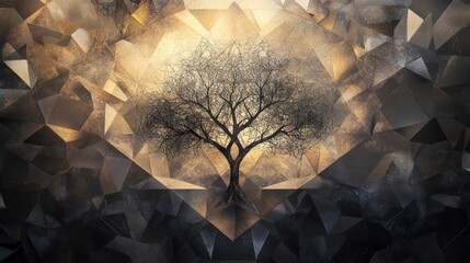 Canvas Print - Geometric tree design with intricate triangles and circles glowing softly against a charcoal gradient