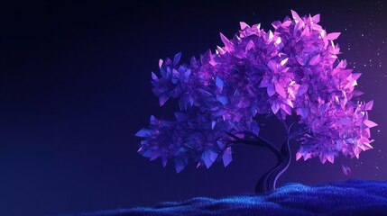 Wall Mural - faceted low-poly tree with glowing crystalline leaves set against a deep cosmic gradient