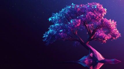 Wall Mural - modern low-poly tree with crystalline leaves glowing softly against a violet sapphire gradient
