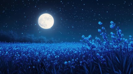 Canvas Print - Pixelated meadow under a moonlit sky with blue flowers swaying pixelated full moon and glowing stars in the night sky