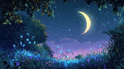 Wall Mural - Bioluminescent pixel flowers glowing in blue and purple with swaying grass