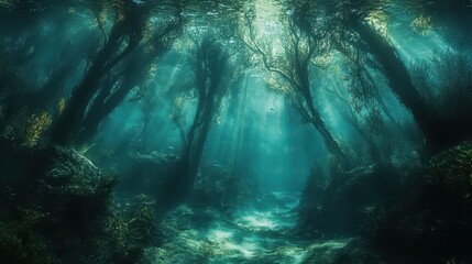 Wall Mural - Surreal underwater forest with sunlight illuminating kelp and iridescent corals