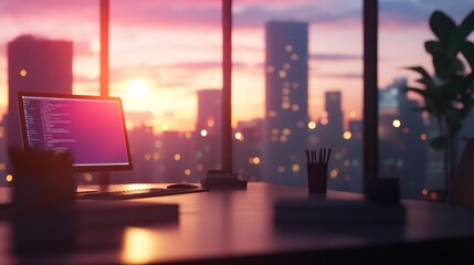 Sunset city view from office desk, coding on screen