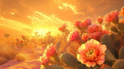 Canvas Print - Cactus flowers blooming in the desert golden sun illuminating vibrant petals