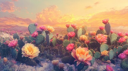 Canvas Print - Vibrant desertscape with cactus flowers glowing under golden sunlight and pastel sand