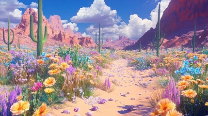 Wall Mural - Fantasy desert bloom with radiant wildflowers and cacti casting long shadows over dunes