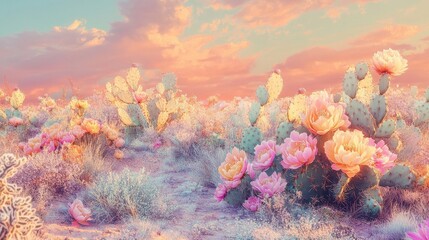 Wall Mural - Desertscape with colorful cactus flowers bathed in golden sunlight and pastel sand