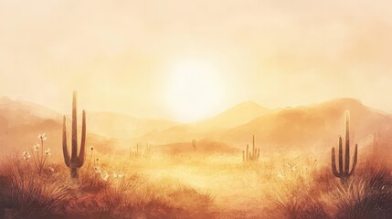 Wall Mural - Desert sunrise with glowing dunes and flowering cacti swaying in the misty air
