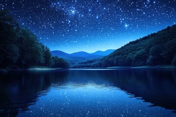 Wall Mural - serene lake reflecting a breathtaking starry night sky surrounded by lush green mountains in a tranq