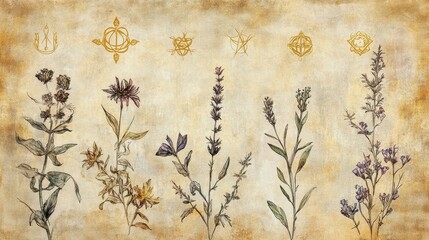 Canvas Print - Aged parchment with herbal illustrations of medicinal plants and golden symbols
