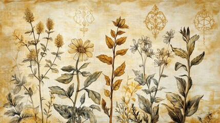 Wall Mural - Medieval herbal sketches with alchemical symbols on textured aged parchment