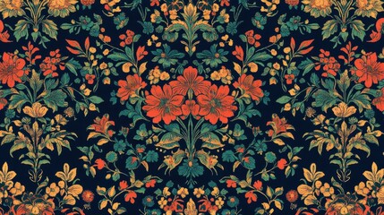 Wall Mural - Persian botanical wallpaper with rich floral patterns in sapphire coral and emerald