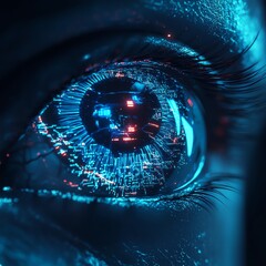 Aufkleber - Robot eye with illuminated digital technology, glowing circuits, futuristic metallic design, advanced AI vision, hightech cyberpunkinspired aesthetic