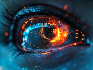 Poster - Closeup of a futuristic robot eye, illuminated with vibrant light, advanced technology, metallic surface, digital circuits, glowing in a hightech environment