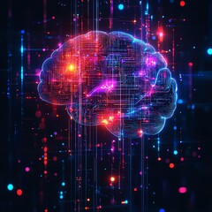 Aufkleber - Futuristic digital brain with AI neural pathways, glowing circuits and data flows, artificial intelligence technology, abstract and vibrant neon colors, advanced digital design
