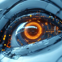 Poster - Futuristic robot eye illuminated with glowing technology, sleek metallic design, advanced digital circuits, hightech futuristic atmosphere, detailed closeup
