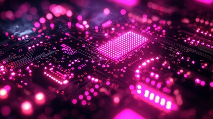 Circuit board glowing pink, close-up