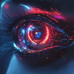 Poster - Futuristic robot eye with bright illuminated light, digital circuits, hightech mechanical design, glowing advanced technology, AI vision, futuristic atmosphere