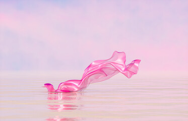 Leinwandbilder - Natural beauty podium backdrop with elegance flying holographic crystal cloth for cosmetic product display. Abstract 3d seascape scene background.
