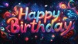 © LuvTK - A galaxy-themed 'Happy Birthday' graffiti design with bold letters filled with nebulae, stars, and glowing gradients, vibrant cosmic swirls and sparkling starry textures in the background,