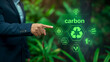 © retrostudio - Green energy and carbon credit market concept, featuring a businessman pointing at a carbon credit icon