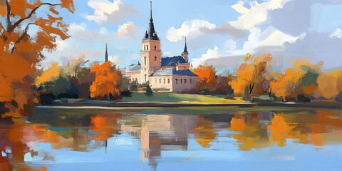 Canvas Print - scenic autumn landscape showcasing a grand structure reflected in tranquil waters. painted with vibr
