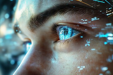 Fototapete - Close-up view of a person's eye reflecting digital elements in an abstract futuristic setting