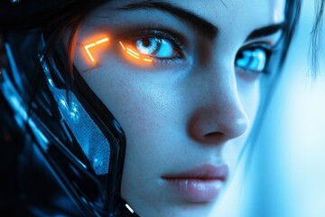 Poster - Futuristic woman with glowing eyes in high-tech suit, showcasing advanced cybernetic enhancements