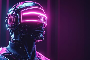 Poster - Futuristic robot with glowing visor in a neon-lit environment showcasing advanced technology
