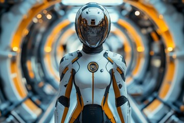 Aufkleber - Futuristic robot stands in a high-tech corridor with glowing patterns and intricate designs