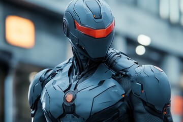 Poster - Futuristic robot in a city setting showcases advanced technology and design elements during evening hours