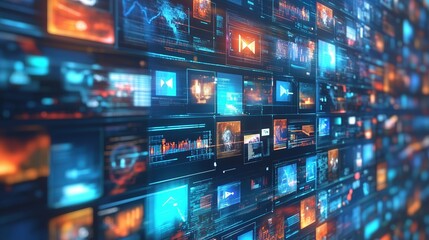 Poster - Abstract background featuring digital media content, news, and video tiles displayed on a screen with a blur effect. A dynamic representation of big data, social networks, and technology, incorporatin