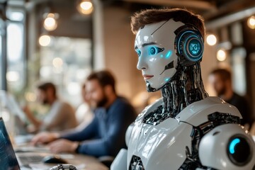 Leinwandbilder - Modern humanoid robot engaged in work at a tech office with coworkers using laptops in the background during the day