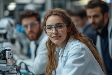 Leinwandbilder - Young female scientist smiling at camera while working in advanced robotics lab with colleagues in the background