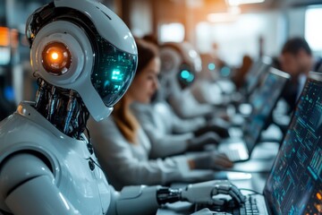 Leinwandbilder - Robots collaborating in a high-tech workspace with humans during a busy workday