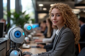 Leinwandbilder - Young professional collaborating with humanoid robots in a modern office environment during daylight hours